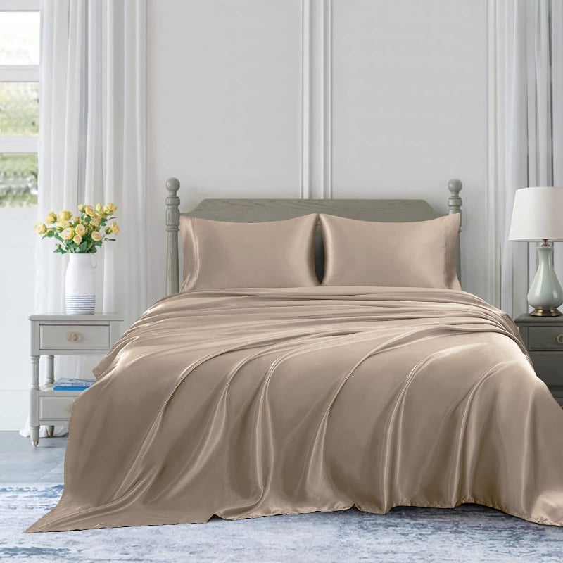 Homiest 4pcs Satin Sheets Set Luxury Silky Satin Bedding Set with Deep Pocket  1 Fitted Sheet + 1 Flat Sheet + 2 Pillowcases (King Size  Taupe) - Image 3